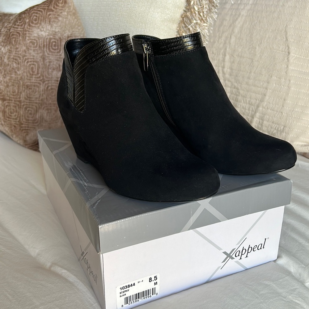 Worn once, Black suede wedge boots size 8.5